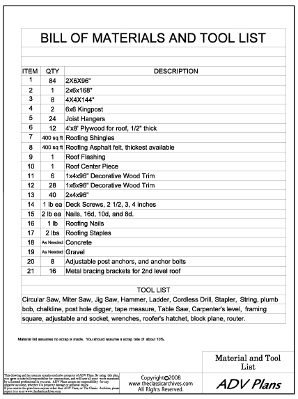 Gazebo Plan Bill of Material